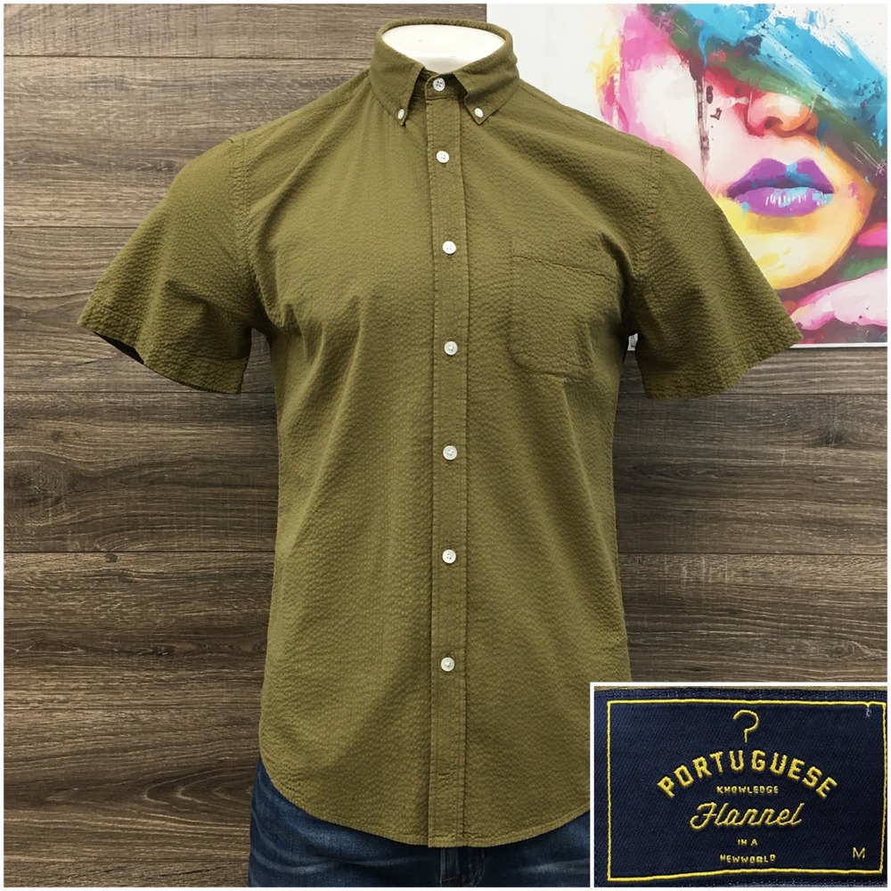 Portuguese Flannel Mens Olive Green Seersucker Short Sleeve Button Down Shirt M
